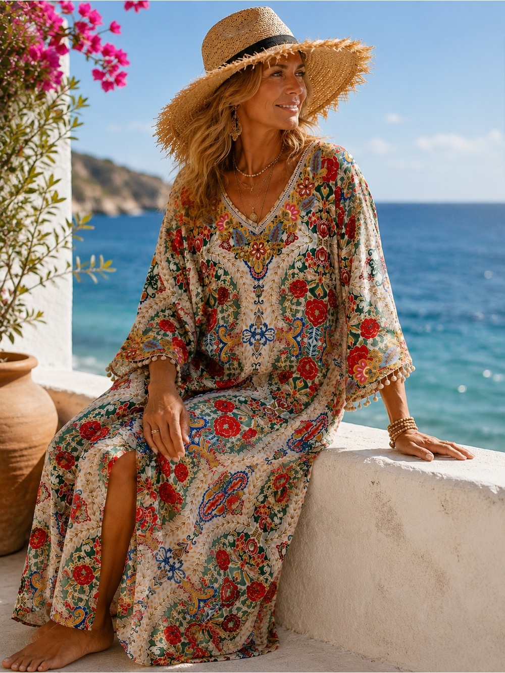 Soft Surroundings Ipanema Embroidered Beaded Caftan Maxi dress in Rio Rainbow - Picture 3 of 16